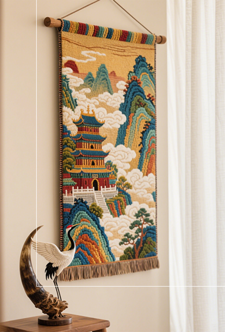 Traditional Chinese tapestry with crane sculpture